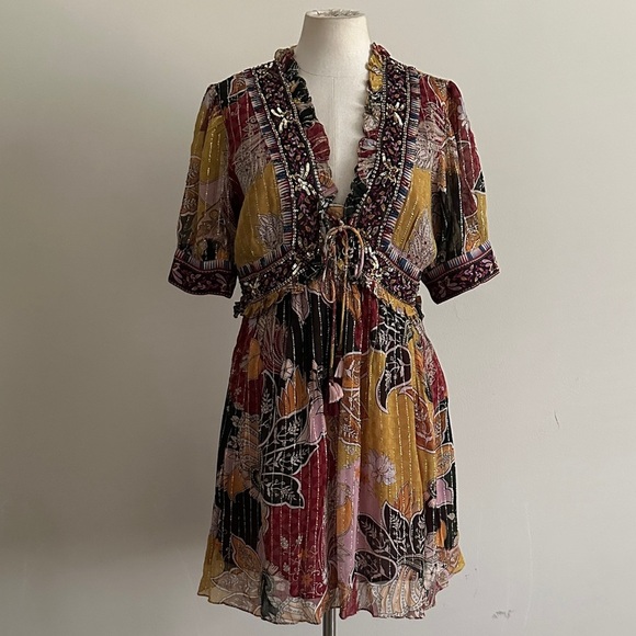 ANTHROPOLOGIE Beaded Sequin Shimmer Mini Dress Bohemian sz Medium - Picture 3 of 9